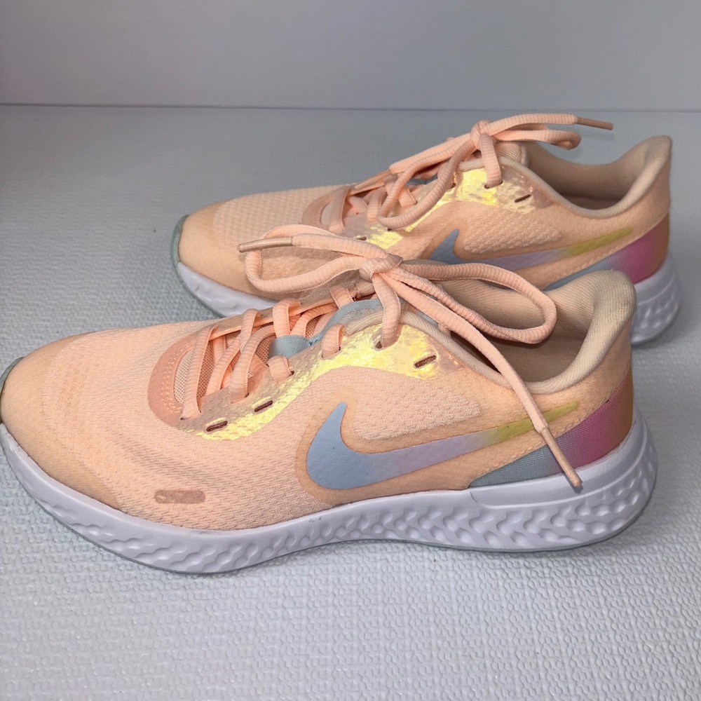 Nike Revolution 5 Peach Blue Iridescent Kids Running Shoes Sneakers Girl Size 4Y - Picture 3 of 8